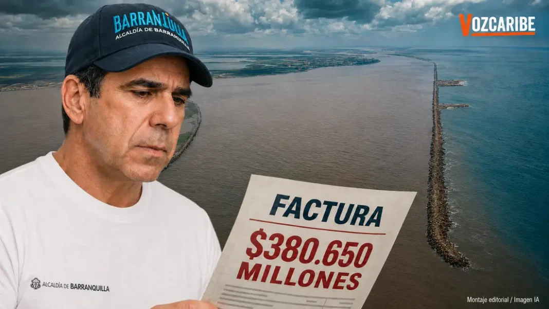 Cinco kilómetros por $380.650 millones: ¿qué gana Barranquilla con el nuevo Tajamar? Alejandro Char frente a Bocas de Ceniza junto a una factura por 380.650 millones de pesos
