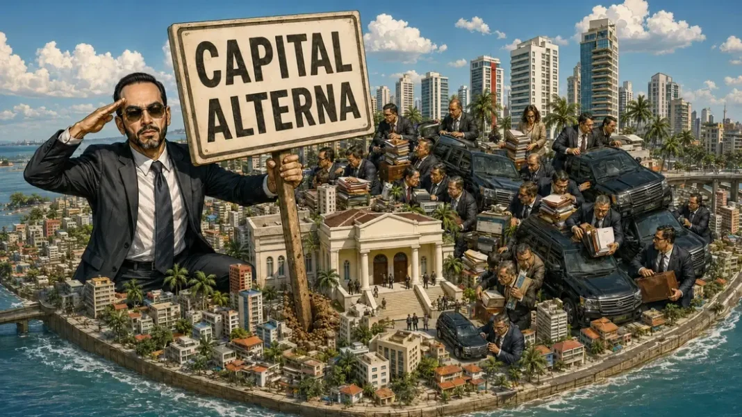 Barranquilla, capital alterna: entre el fin del centralismo y la caravana de las camionetas blindadas Caricatura de Abelardo de la Espriella proclamando a Barranquilla como capital alterna, rodeado de funcionarios y camionetas blindadas