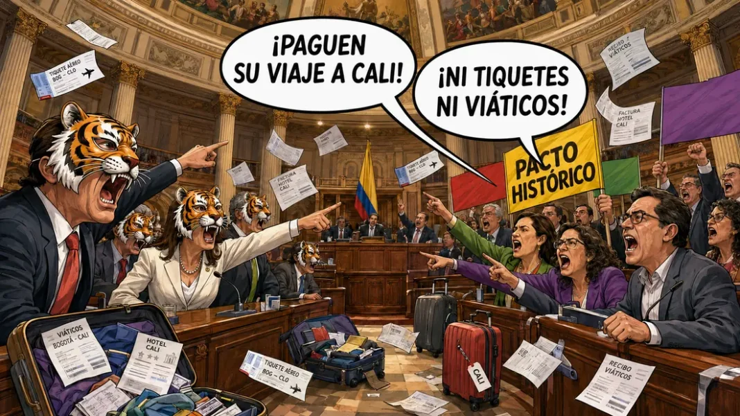 “Que sean ellos mismos quienes paguen”: pulso por los gastos de la posesión en Cali Caricatura de congresistas del Pacto Histórico exigiendo al bloque con máscaras de tigre que pague los gastos del viaje a Cali