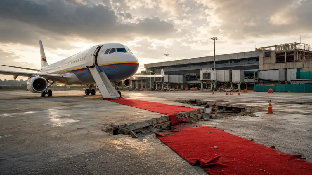 El aeropuerto de la posible capital alterna queda por fuera del Conpes de $6,54 billones Avión presidencial frente a una terminal aérea en obras y una alfombra roja interrumpida