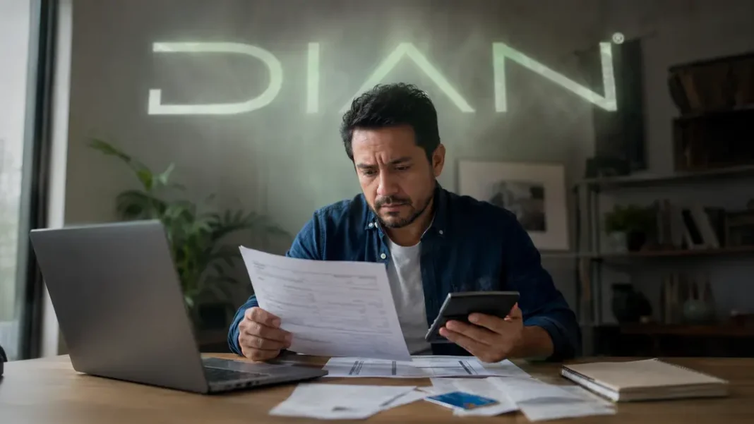Declaración de renta 2026: revise si supera estos topes y cuándo le toca declarar Hombre revisa sus cuentas mientras el logo de la DIAN aparece difuso sobre él