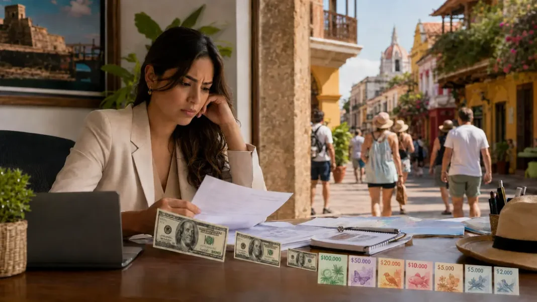 Ejecutiva de turismo revisa sus cuentas mientras los turistas recorren Cartagena y los dólares pierden valor frente al peso