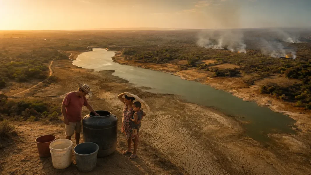 Familia junto a recipientes vacíos en un paisaje seco del Atlántico con focos de incendio al fondo