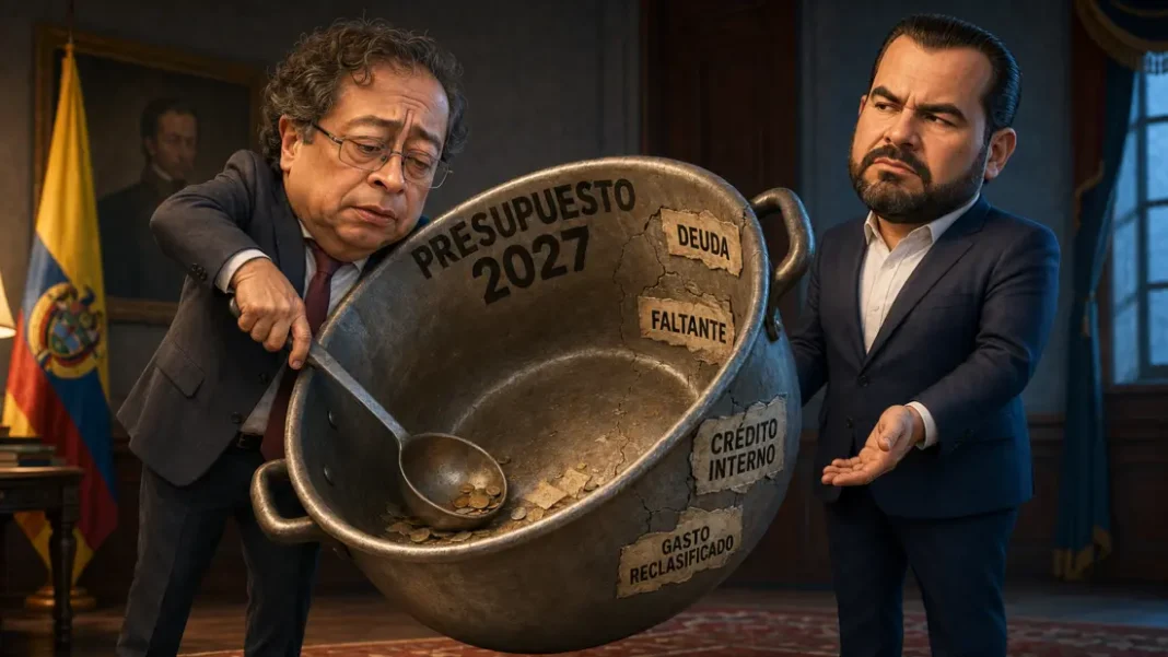 Gustavo Petro raspa una olla casi vacía marcada Presupuesto 2027 mientras Abelardo de la Espriella observa