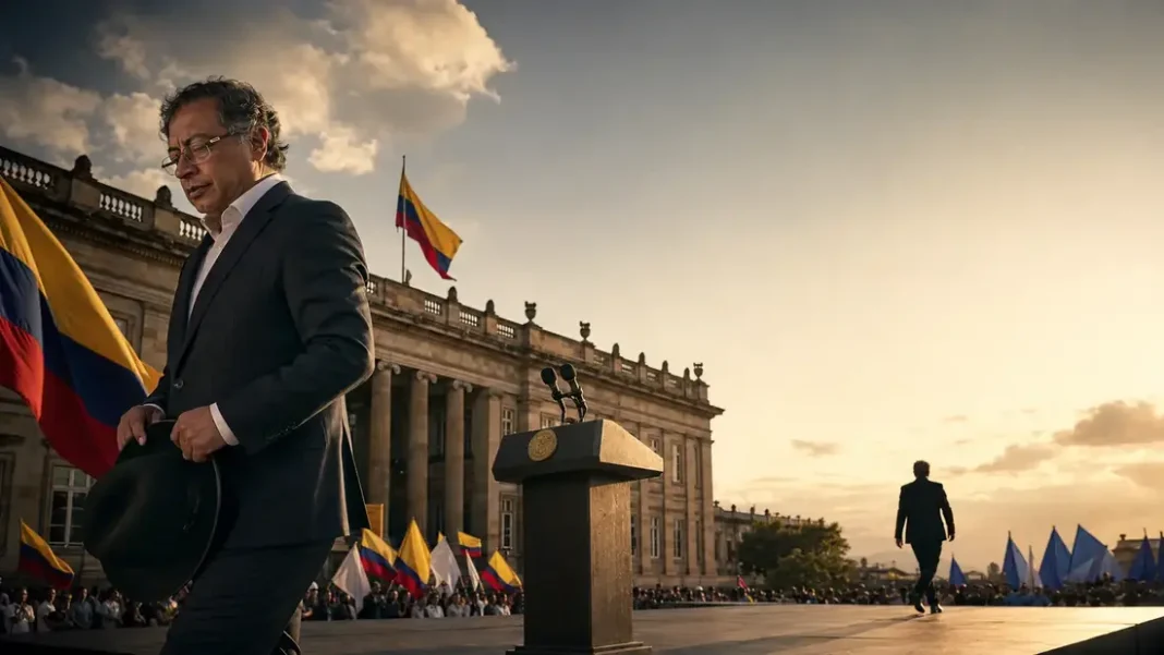 Gustavo Petro se aleja de un atril frente al Capitolio Nacional durante una representación editorial de la transición presidencial de 2026