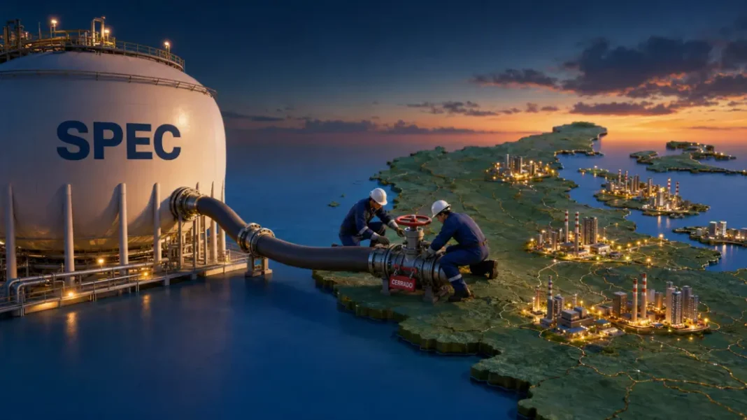 SPEC entra a mantenimiento: Gobierno promete que el Caribe no se quedará sin gas ni energía Mapa tridimensional del Caribe colombiano conectado a un tanque de gas de SPEC mediante una tubería con la válvula cerrada mientras dos operarios realizan mantenimiento.