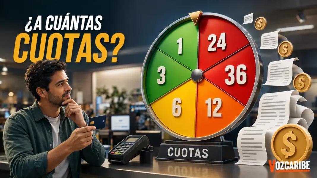 ¿A cuántas cuotas lo pongo? La respuesta que evita que una compra de $1 millón termine costando 400 mil pesos más Comprador decide entre 1, 3, 6, 12, 24 y 36 cuotas en una ruleta junto a un datáfono y su tarjeta de crédito