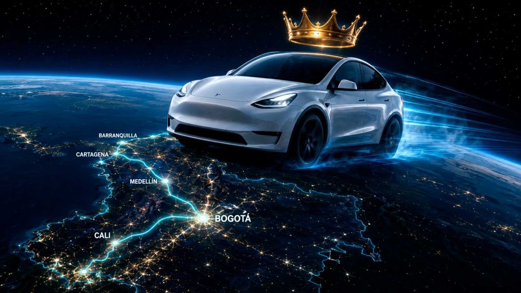 Colombia se llenó de Tesla: el Model Y ya es el carro más vendido y desató una guerra de precios Tesla Model Y con corona sobre un mapa satelital nocturno de Colombia