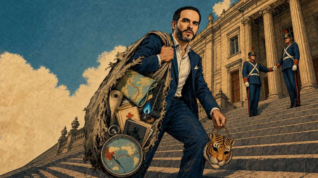 Ruta de la Seda, Ecopetrol y gas para el Caribe: los giros que prepara Abelardo al llegar al poder Ilustración editorial de Abelardo De la Espriella entrando a Palacio de Nariño con un saco de decisiones y una máscara de tigre.