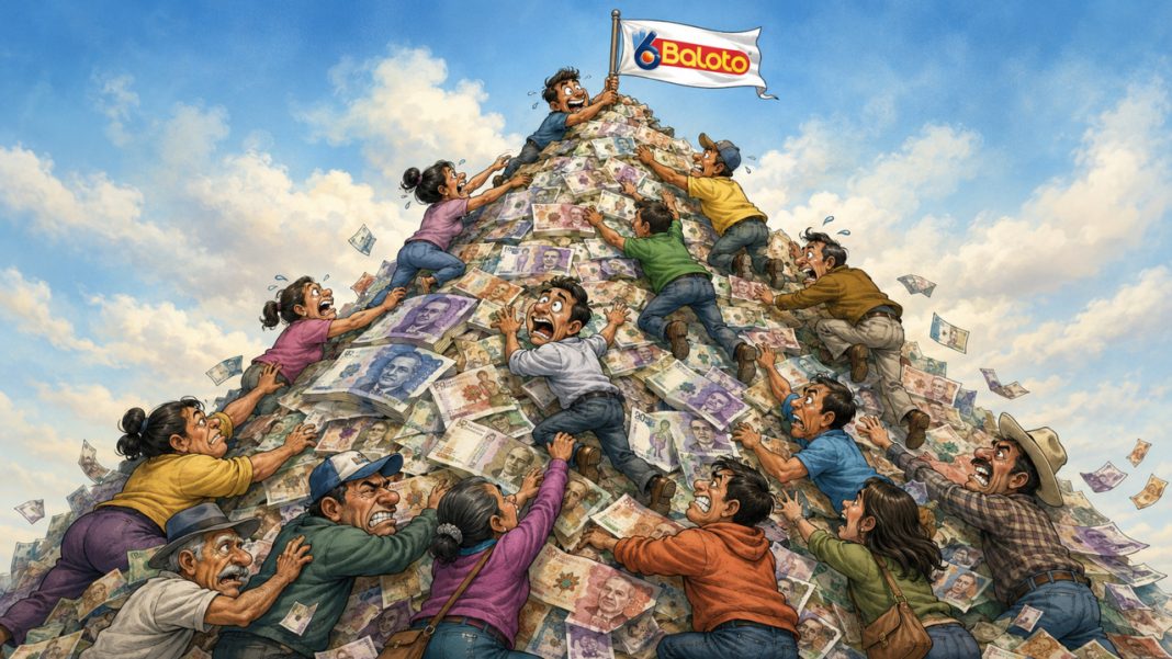¿De verdad se entrega el Baloto? La probabilidad real, los ganadores y el mito del premio que nunca se paga Personas que intentan subir una montaña de billetes colombianos bajo la bandera de Baloto