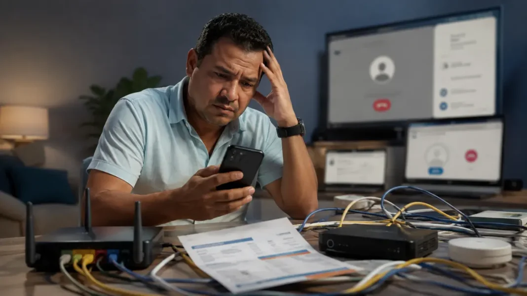 Cómo cancelar internet, TV o telefonía fija si el operador dilata el trámite Usuario intenta cancelar un servicio de internet desde su celular mientras revisa una factura y varios equipos de telecomunicaciones