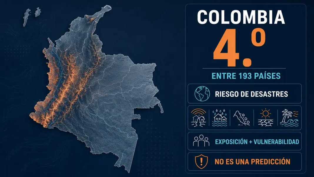 Infografía con el mapa de Colombia y el dato de que ocupa el cuarto lugar entre 193 países en riesgo de desastres