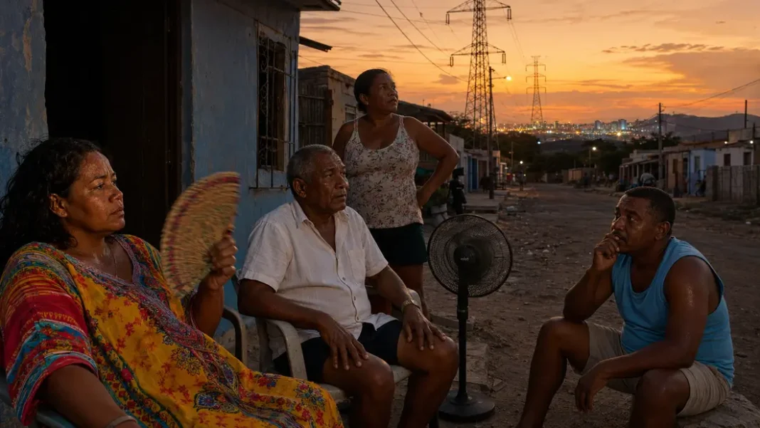 Habitantes de La Guajira soportan el calor junto a un ventilador apagado mientras se observan torres de energía al fondo.