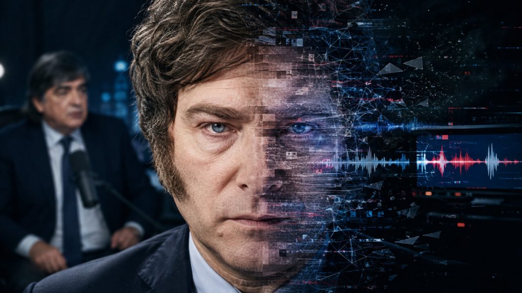 Milei, Bayly y una confesión inventada: el montaje de IA que muestra por qué ya no basta con mirar Rostro de Javier Milei dividido entre una imagen real y una composición digital de ondas de audio y píxeles, con Jaime Bayly desenfocado al fondo