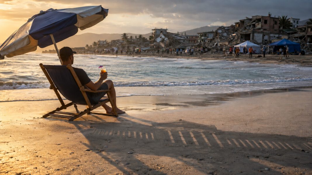 Silla de playa frente al mar y una zona afectada por el terremoto, imagen conceptual sobre la moción de censura al ministro de Vivienda Jaime Andrés Beltrán.