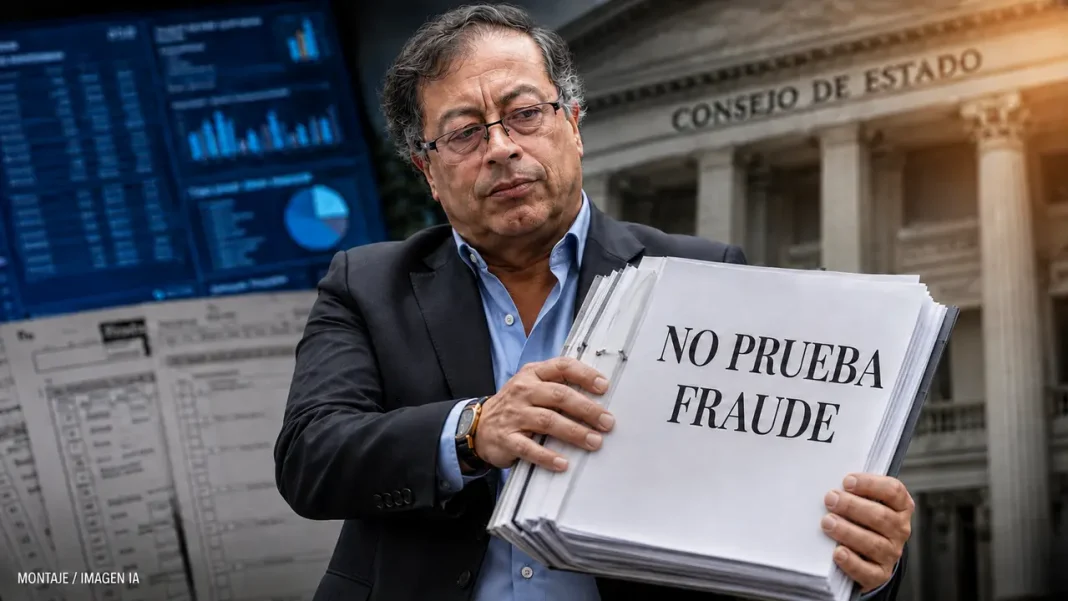 Gustavo Petro sostiene un expediente rotulado «No prueba fraude» frente al Consejo de Estado y pantallas con datos electorales.
