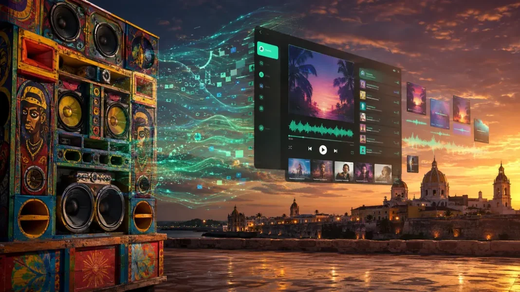 Picó tradicional del Caribe que se transforma en una plataforma musical digital, con Cartagena de Indias al fondo.