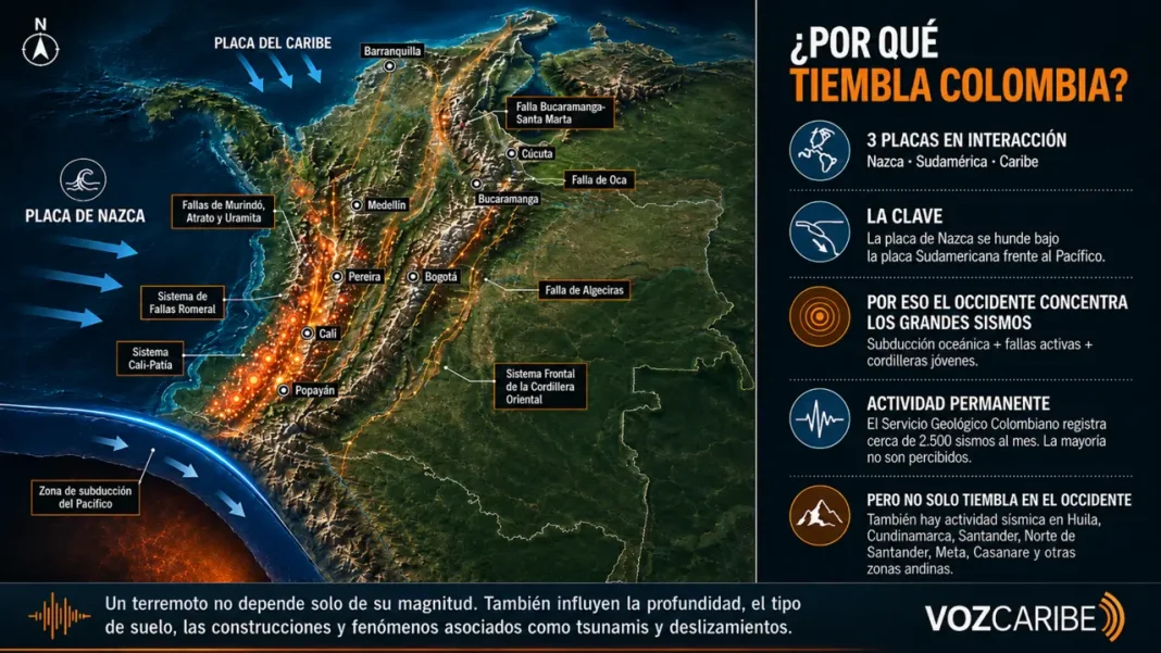 ¿Por qué tiembla tanto en Colombia y por qué los terremotos golpean más al occidente? Mapa de Colombia con las placas tectónicas y fallas geológicas que explican la actividad sísmica del país