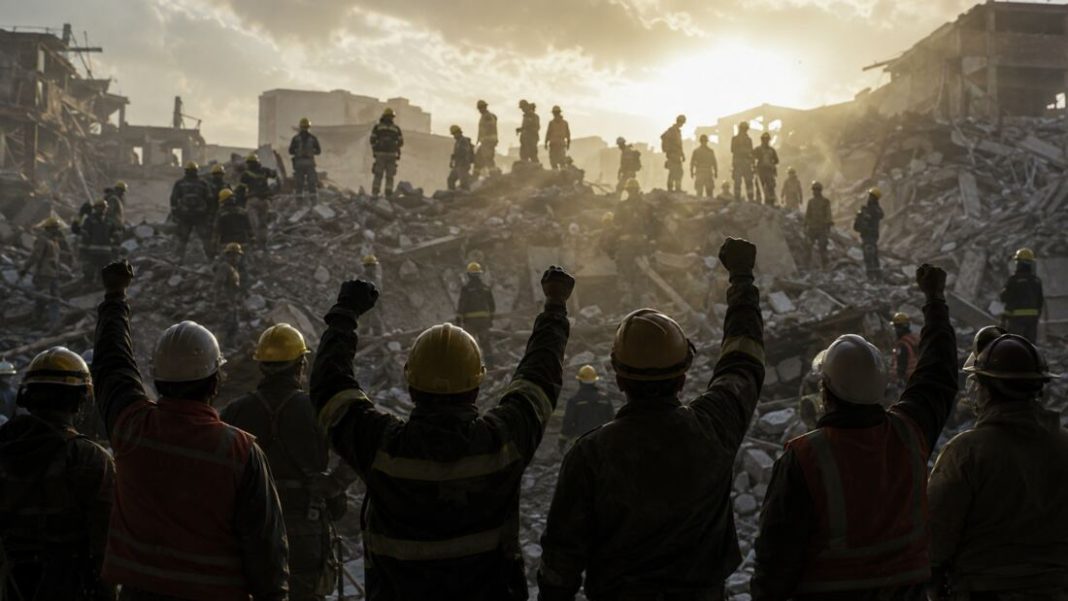 El puño arriba: el silencio que busca vida entre los escombros Rescatistas levantan los puños entre los escombros para pedir silencio y escuchar posibles señales de vida.