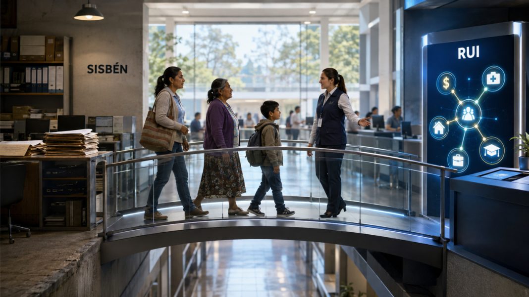 ¿Se va el Sisbén y desaparecen las ayudas? Familia colombiana cruza un puente entre la oficina del Sisbén y una pantalla del Registro Universal de Ingresos RUI
