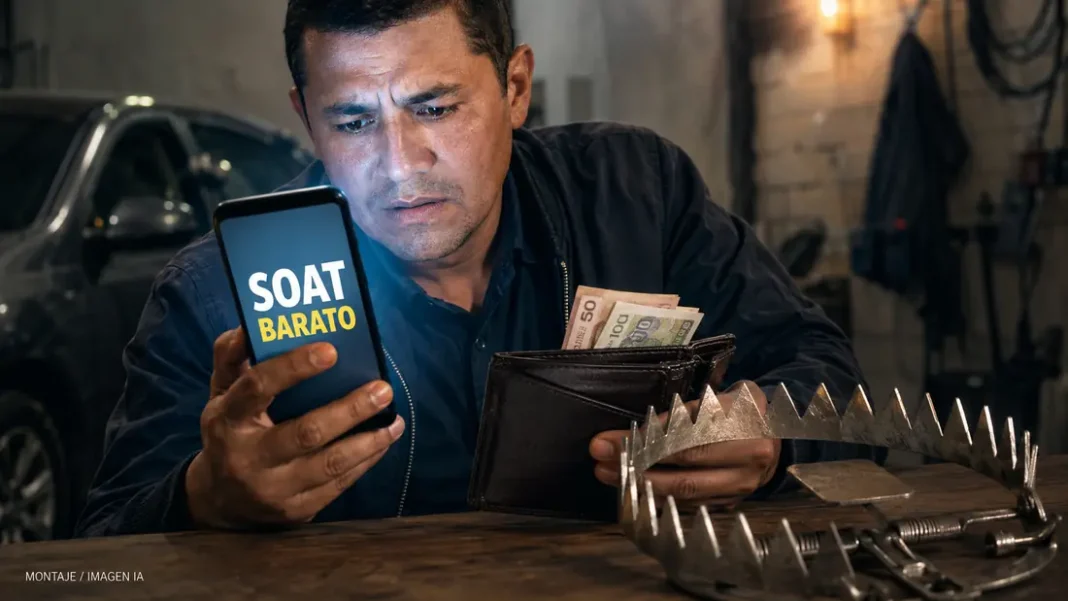 No compre el SOAT antes de revisar esto: seis señales de que podrían estar estafándolo Conductor observa una oferta de SOAT barato en su celular mientras una trampa amenaza su billetera