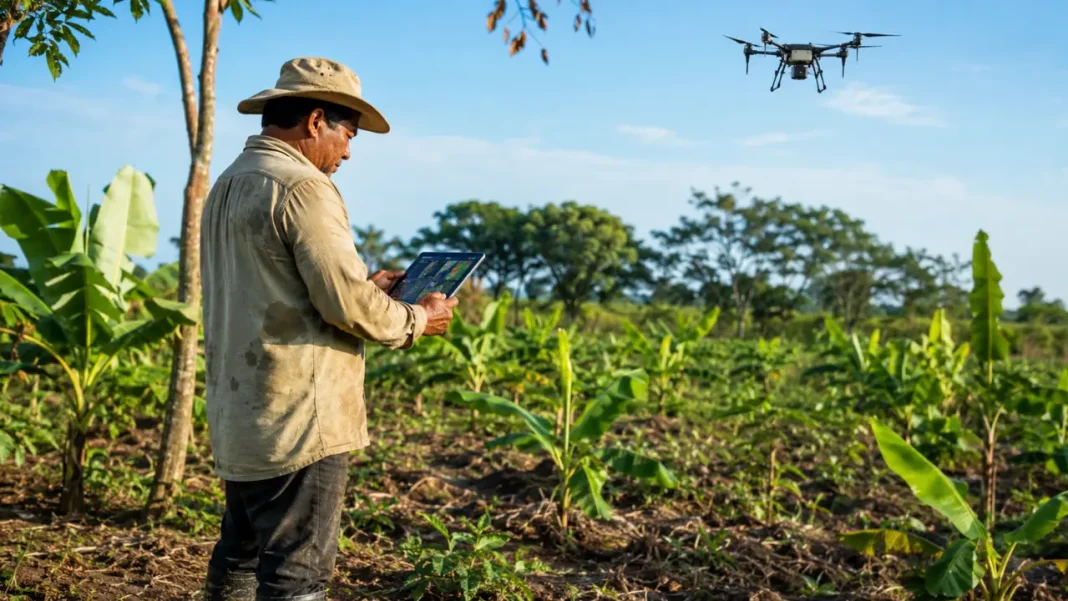 Tecnología vs. Cabañuelas: así se transforma el agro en la era de la Inteligencia Artificial Pequeño productor consulta una tableta mientras un dron sobrevuela un cultivo de banano en la Región Caribe colombiana