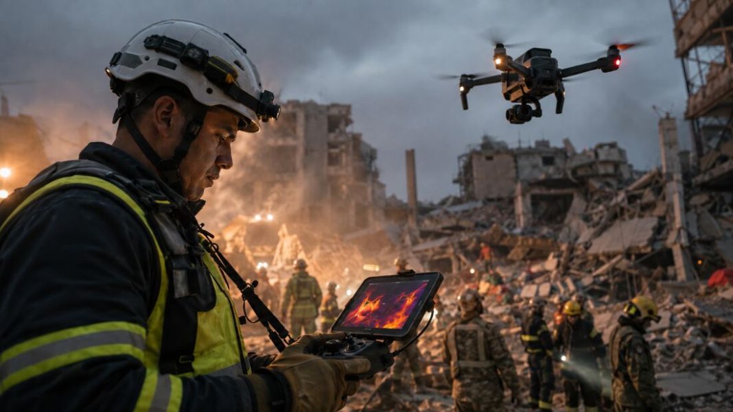 Rescatista opera un dron mientras revisa una imagen térmica entre los escombros de una zona afectada por un terremoto.