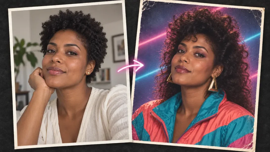 Antes y después de una mujer ficticia transformada por inteligencia artificial en un retrato con estética de los años 80