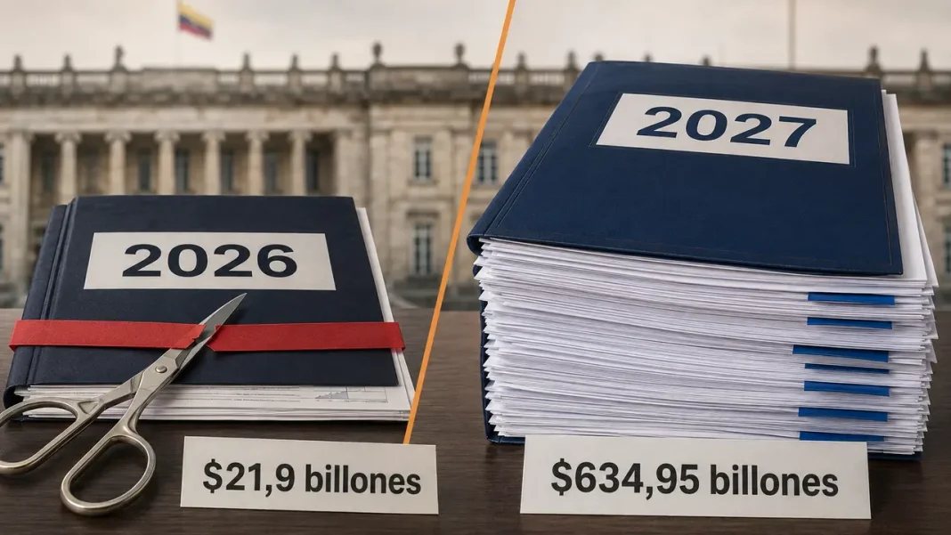 Carpetas presupuestales de 2026 y 2027 junto a unas tijeras sobre documentos financieros