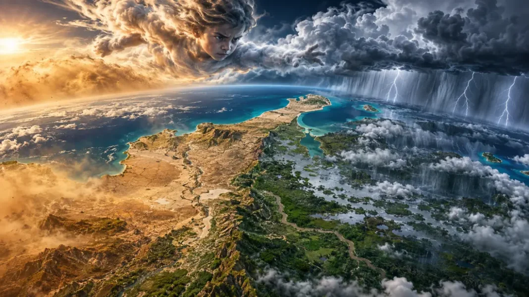 ¿Por qué llueve en Barranquilla si se supone que íbamos a tener sequías prolongadas por el fenómeno de El Niño? Ilustración conceptual de una figura infantil entre nubes que sobrevuela el Caribe colombiano dividido entre sequía y lluvias intensas.