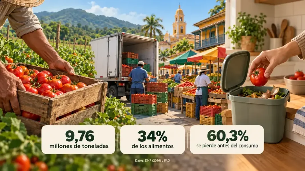 La comida que bota en casa pudo haberse perdido mucho antes de llegar a su mesa Ilustración editorial de un agricultor, transporte, plaza de mercado y una cocina para explicar las pérdidas de alimentos antes del consumo.