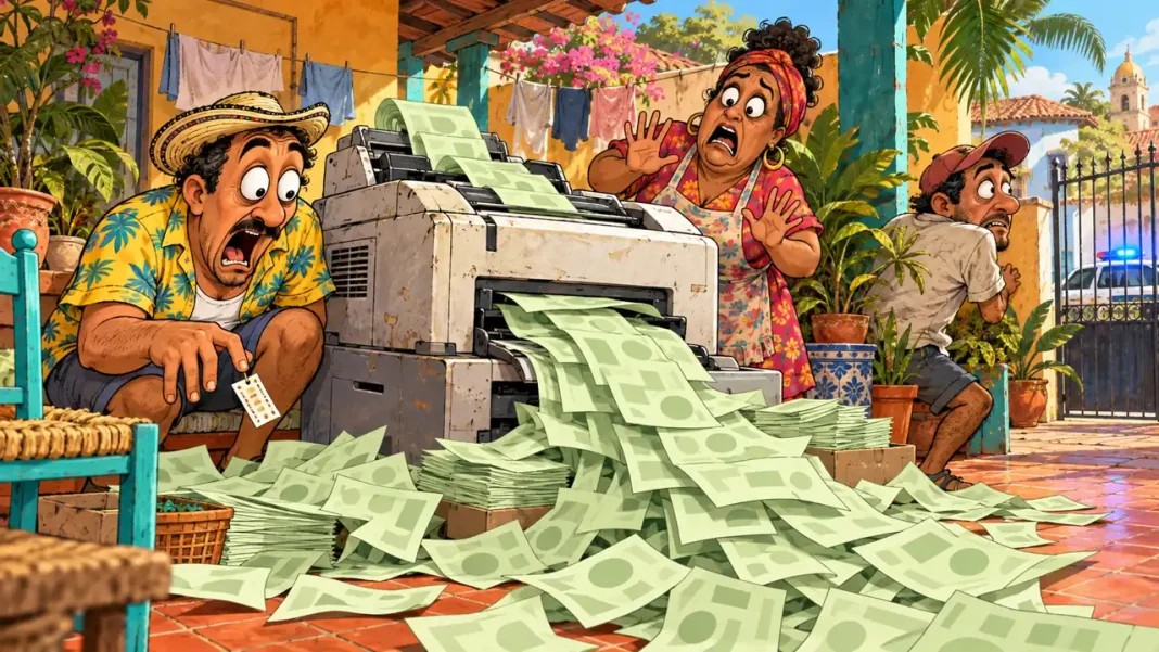 ¿Una imprenta mejor que el Baloto? El decomiso de $290 millones falsos en Puerto Colombia Caricatura editorial de tres personajes sorprendidos ante una impresora que expulsa hojas verdes abstractas en un patio caribeño.