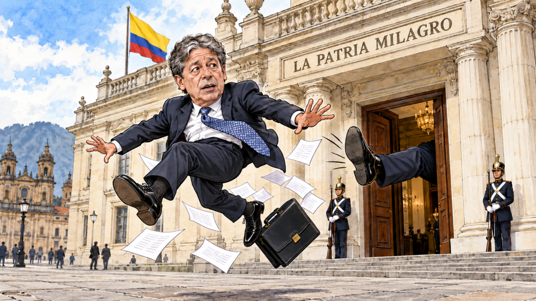 Caricatura editorial de Bruce Mac Master expulsado de una sede ficticia identificada como La Patria Milagro
