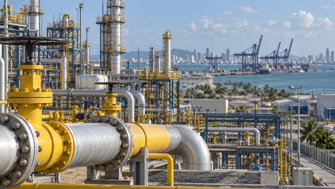 Falla en regasificadora de Cartagena obliga a recortar gas a industrias del Caribe Recreación de instalaciones industriales de gas y un puerto del Caribe
