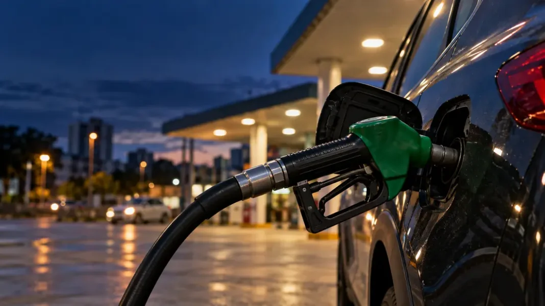 La gasolina no sube $46 en octubre: cuánto se ahorra por tanque y qué queda pendiente Boquilla de gasolina en un automóvil durante un tanqueo en una estación genérica al anochecer.