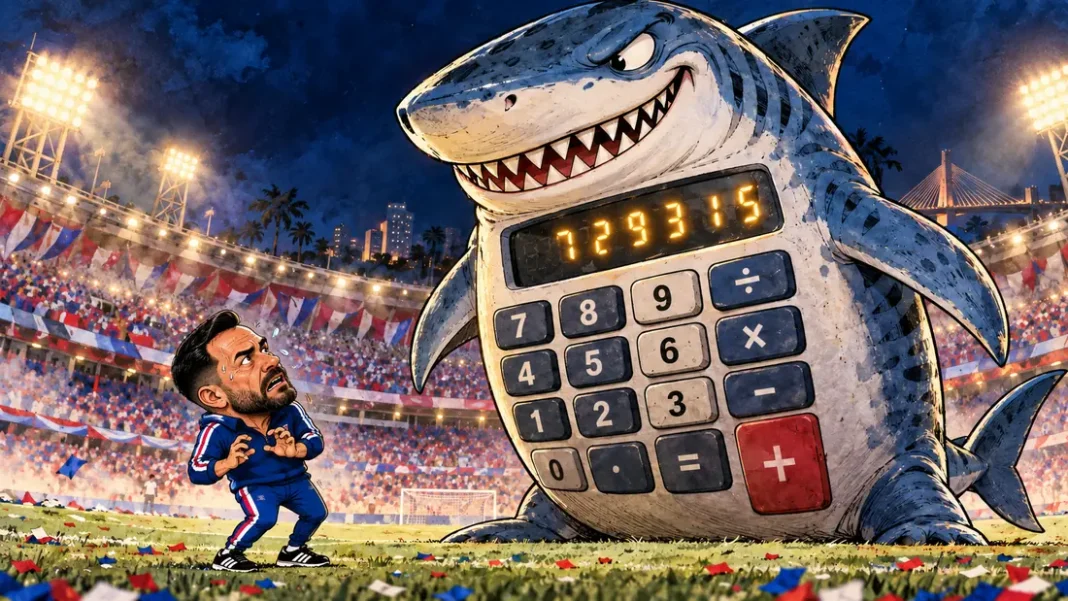Junior y la calculadora tiburón: seis victorias para no depender de la nieve Caricatura de Sebastián Viera, pequeño y asustado, frente a una calculadora gigante con forma de tiburón en un estadio de fútbol