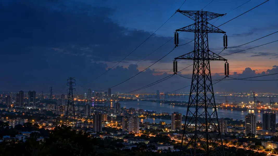 Torres y líneas de transmisión eléctrica sobre una ciudad de la Región Caribe al anochecer.