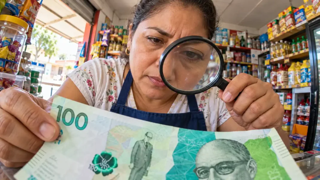 Alerta por billetes falsos de $100.000: cómo reconocerlos y qué hacer si recibe uno Tendero examina con una lupa un billete colombiano de $100.000 en una tienda de barrio.