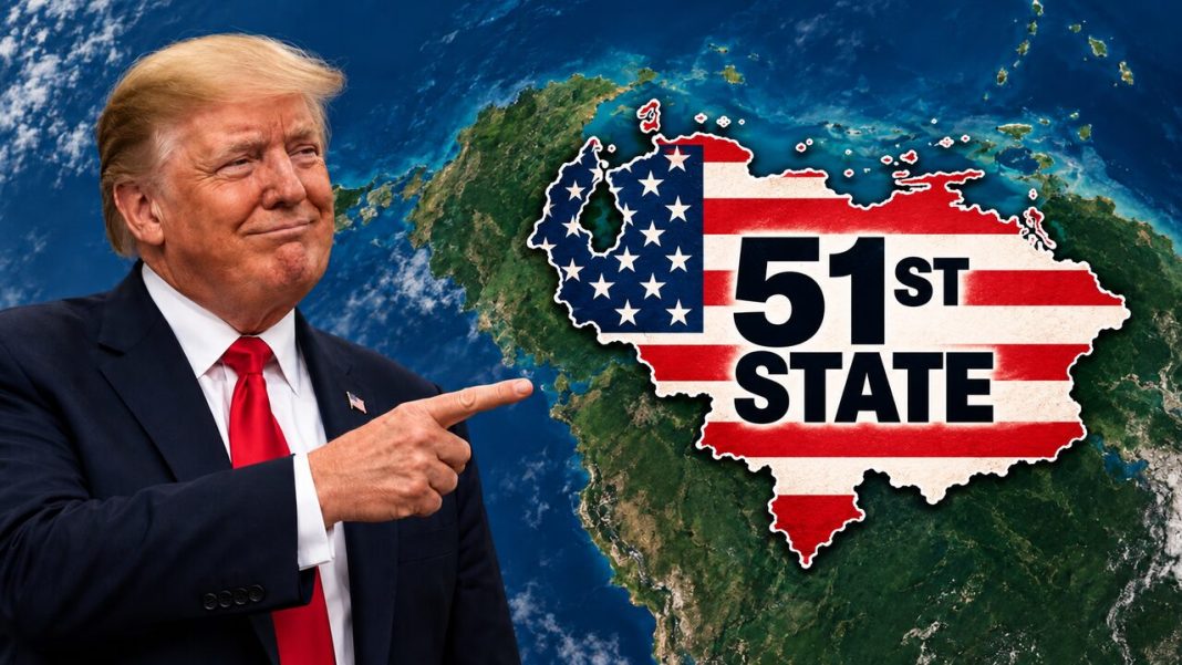 Montaje de Trump señalando una silueta ilustrativa de Venezuela con la bandera de Estados Unidos